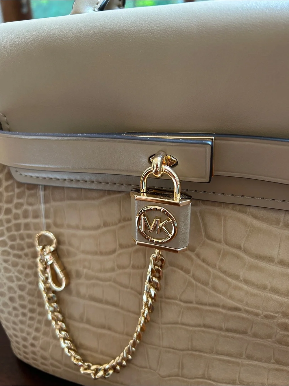 Michael Kors Taupe Croc-Embossed Satchel with Gold Chain